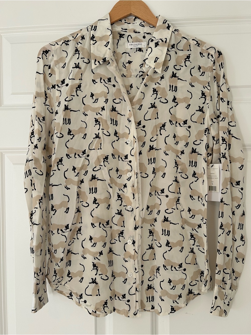 Equipment Adriana Button-Down Blouse with Beige & Black Cat Print
